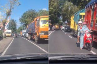 Kemacetan panjang terjadi di Jalan Raya Sultan Hasanuddin Genteng Banyuwangi, tepatnya di depan RSUD Genteng Banyuwangi. (Foto. Mahendra Ardi)