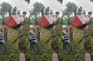 Bus Gunung Harta yang Alami Laka Tunggal di Jalan Raya Garahan, tepatnya di Dusun Garahan Jati, Kecamatan Silo, Kabupaten Jember. (Foto. Eko Doso)