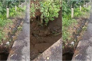 Hujan deras yang mengguyur wilayah Gambiran beberapa hari terakhir mengakibatkan terjadinya erosi pada bahu jalan di Dusun Setembel, Desa Gambiran. (Foto. Alea Rizky)