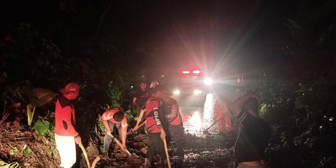 Pohon tumbang dan material longsor di jalur antara Desa Pakel dan Desa Kluncing, Kecamatan Licin. (Foto. Istimewa)