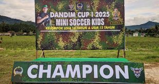 Turnamen sepak bola Dandim Cup 1 Mini Soccer Kids tahun 2025 berlangsung meriah di Lapangan Kompi dekat Koramil 0825-05 Kalibaru. (Foto. Istimewa)