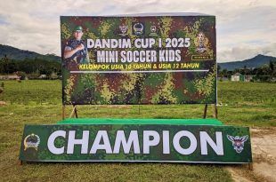 Turnamen sepak bola Dandim Cup 1 Mini Soccer Kids tahun 2025 berlangsung meriah di Lapangan Kompi dekat Koramil 0825-05 Kalibaru. (Foto. Istimewa)