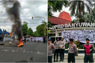 Aksi unjuk rasa yang dilakukan oleh mahasiswa di Simpang Tiga DPRD Banyuwangi, Jalan Brigjen Katamso, Tukangkayu, Kecamatan Kota Banyuwangi. (Foto. Istimewa)