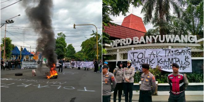 Aksi unjuk rasa yang dilakukan oleh mahasiswa di Simpang Tiga DPRD Banyuwangi, Jalan Brigjen Katamso, Tukangkayu, Kecamatan Kota Banyuwangi. (Foto. Istimewa)