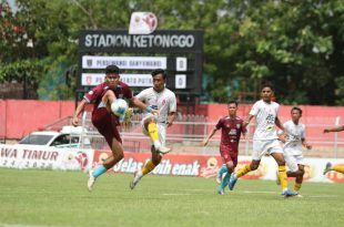 Persewangi Banyuwangi akhirnya berhasil melaju ke partai final Liga 4 Jawa Timur setelah mengalahkan PSMP Mojokerto di Stadion Ketonggo. (Foto. Tim Media Persewangi)