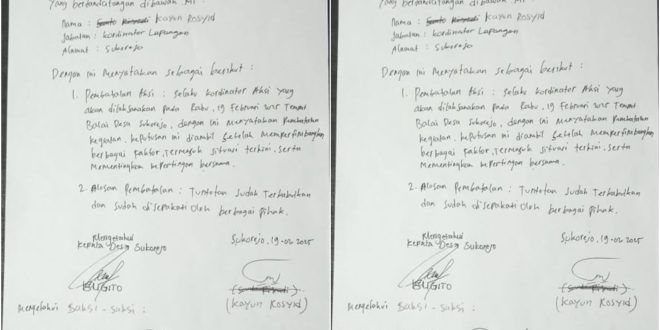 Surat Pernyataan Kepala Desa (Kades) Sukorejo, Sugito, menuruti tuntutan warga terkait pembubaran panitia penjaringan perangkat desa. (Foto. Istimewa)