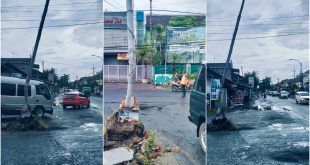 Tiang lampu Penerangan Jalan Umum (PJU) di pertigaan Desa Kebaman, Kecamatan Srono dilaporkan dalam kondisi nyaris roboh. (Foto. Deddy Sanjaya For RBT)