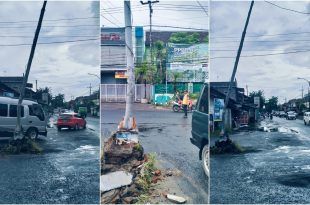 Tiang lampu Penerangan Jalan Umum (PJU) di pertigaan Desa Kebaman, Kecamatan Srono dilaporkan dalam kondisi nyaris roboh. (Foto. Deddy Sanjaya For RBT)