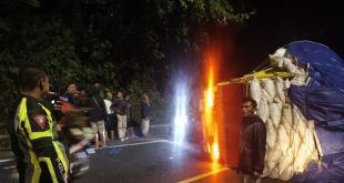 Truk kedua yang terguling di KM 36.800, atau yang lebih dikenal sebagai Tikungan Mbah Singo, Desa Sidomulyo, Kecamatan Silo. (Foto. Aipda Dwi Cahyo For RBT)